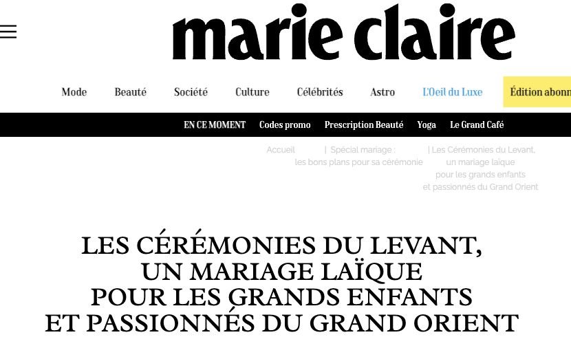 Capture de l’en-tête de l’article Marie Claire consacré aux Cérémonies du Levant
